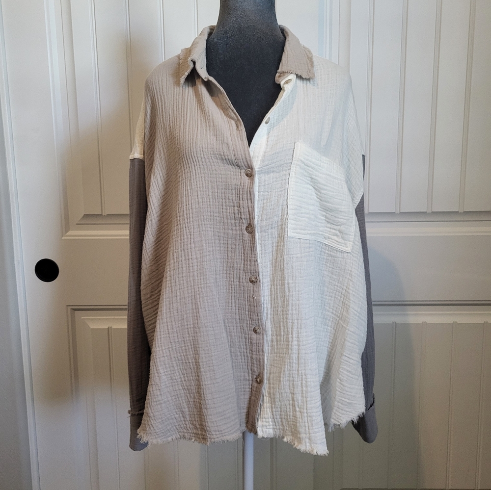 MIOU MUSE Gauze Color Block Button Down Top, NWT